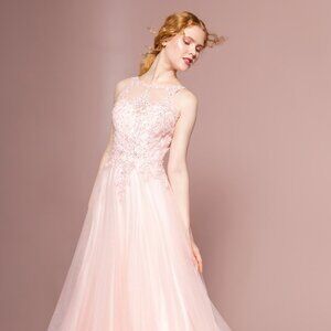 NEW LONG SLEEVELESS A-LINE DRESS EMBROIDERED WITH RHINESTONES AND LACE GL2693